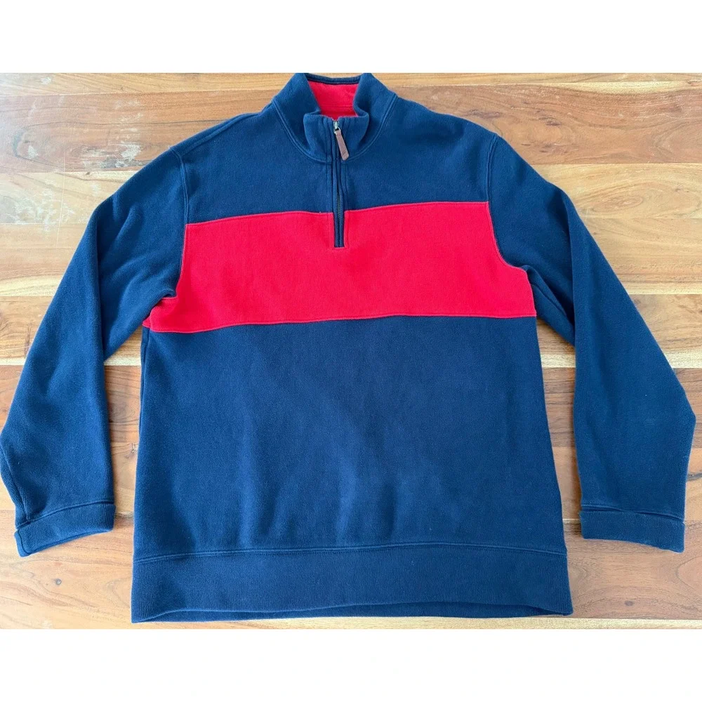 Lands End Mens Medium 100% Cotton Quarter Zip Colorblock Navy Blue Red Sweater